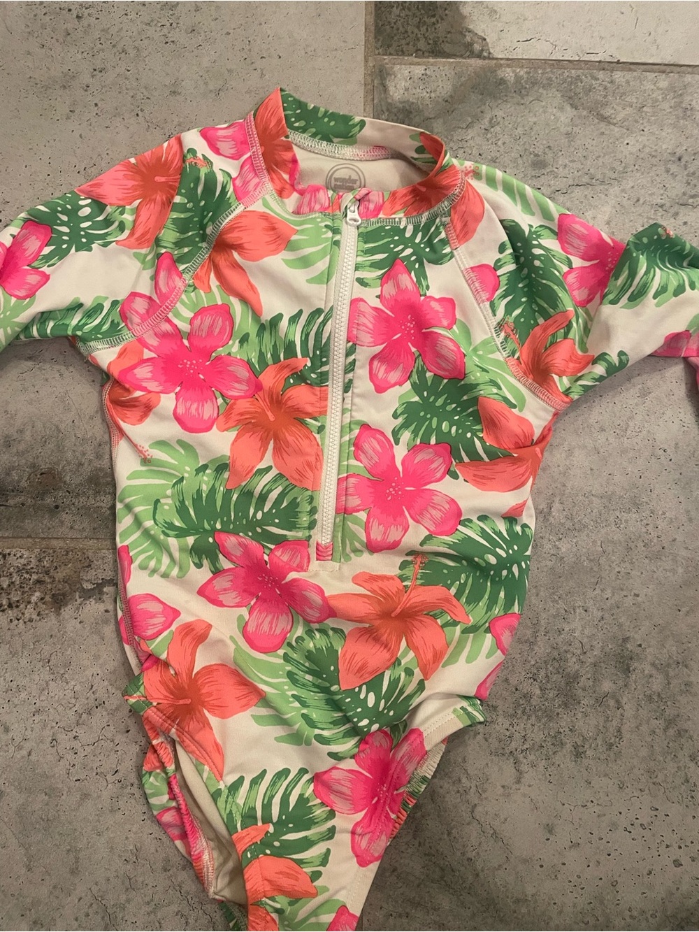 wonder nation Girls Floral Long-Sleeve Rashguard One-Piece - Pink, Coral & Green